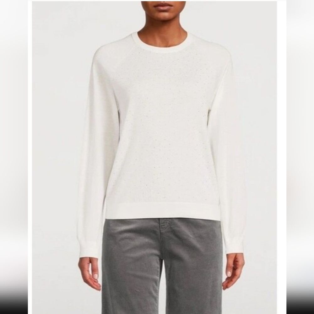 Emporio Armani 100% Virgin Wool Crystal Embellished Crew Neck Sweater M Ivory